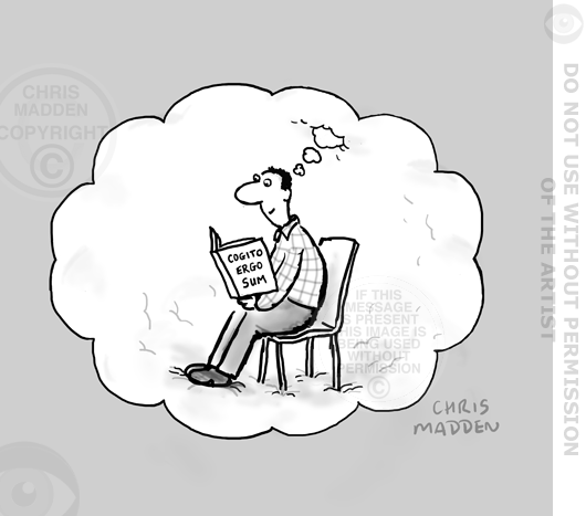 A cartoon of a man sitting on a chair inside his own thought bubble, reading a book titled Cogito Ergo Sum