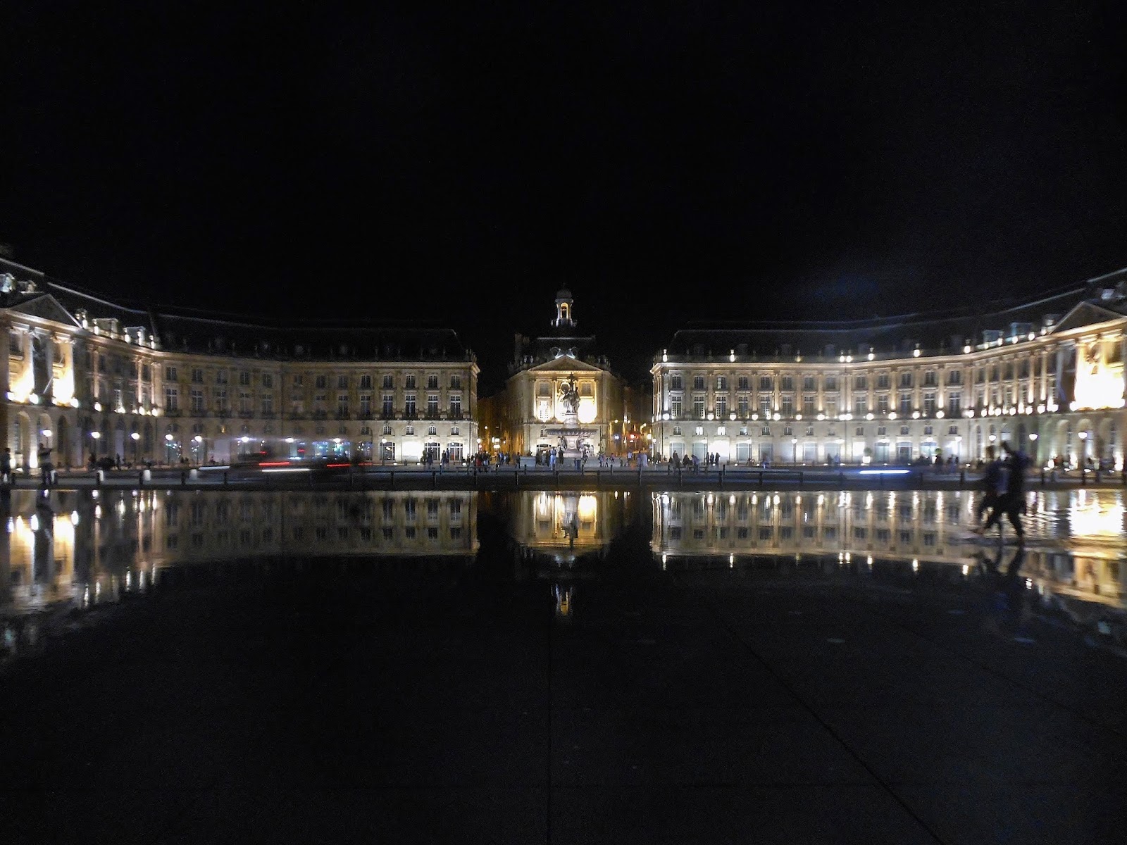 Place de la Bourse in Bordeaux at night, reflected in the water mirror