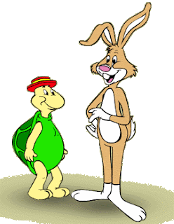 A cartoon tortoise in a red hat standing beside a tall, grinning hare