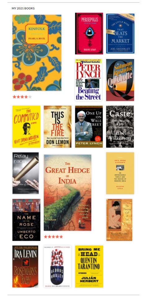 My 2021 reading: twenty covers including Kinfolk, Persepolis, Quichotte and The Great Hedge of India