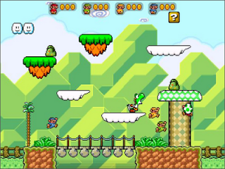 A level of Super Mario War, sprites scattered across green platforms