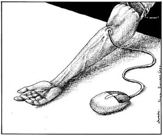 An illustration of an outstretched arm whose vein runs out of it as a computer mouse cable
