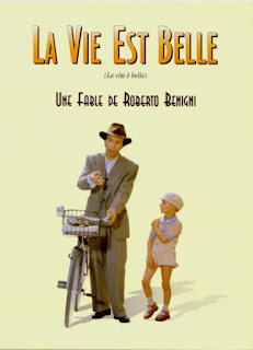 French poster for Life Is Beautiful, Roberto Benigni beside a small boy and a bicycle