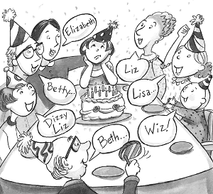 A cartoon birthday party in which every guest calls the same girl a different name — Elizabeth, Betty, Liz, Lisa, Beth, Wiz